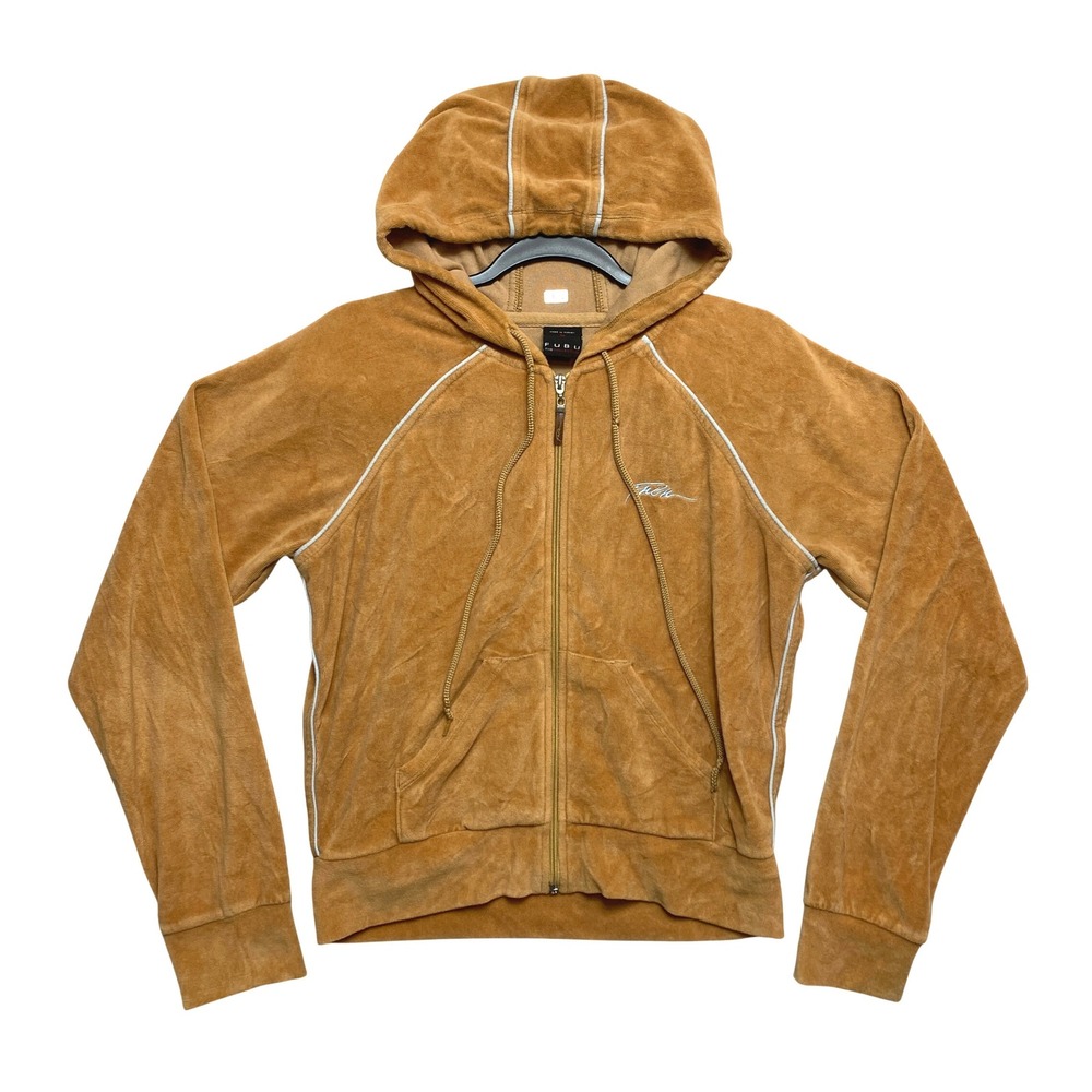Vintage FUBU The Collection Velour Hoodie Womens Tan Brown Zip Up Y2K